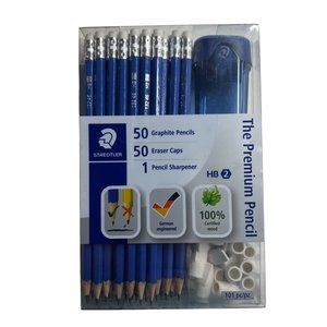 Staedtler New in Box 50 HB2 Graphite Pencils 50 Eraser Caps 1 Pencil Sharpener